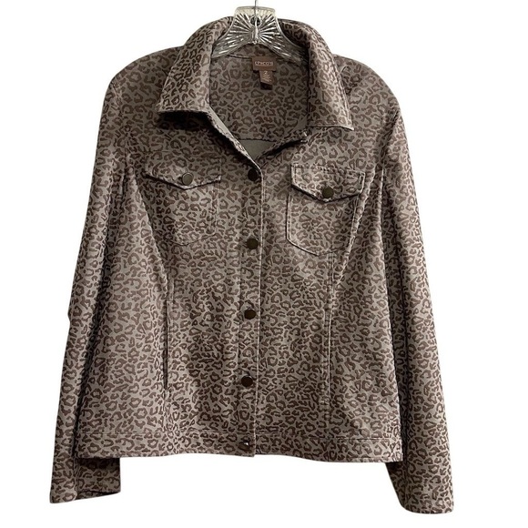 Chico's Women's Gray Embossed Cheetah Print Jacket Size 2 Chico’s Large (10-12) - Picture 1 of 9